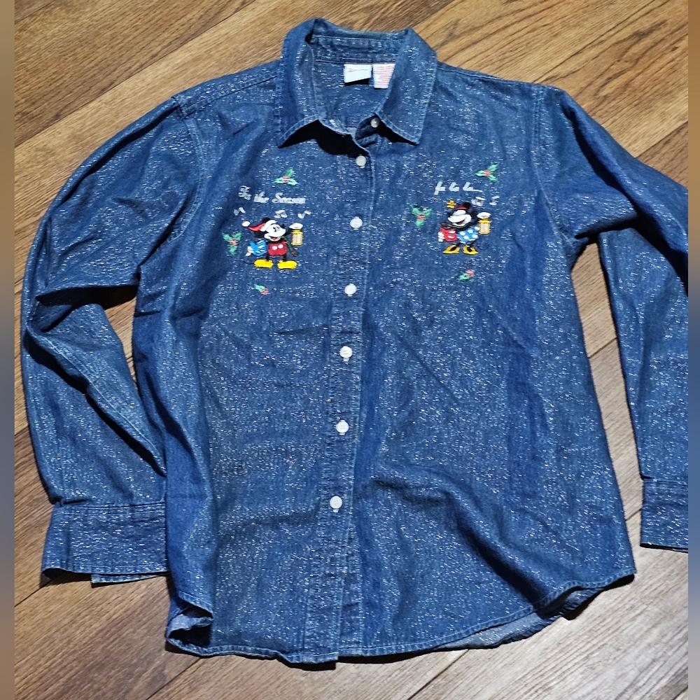 Vtg Disney Chambray Christmas Embroidered Shimmering Button Up Sz XL‎ 2000 Y2k
